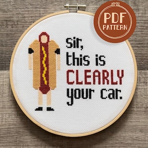 Può includere: Un cerchio da ricamo bianco con un disegno a punto croce di un hot dog dei cartoni animati che indossa un costume giallo senape e marrone. Il testo "Sir, this is CLEARLY your car." è ricamato sotto il cartone animato.