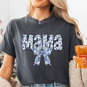 Floral Mama Bow Shirt, Toile De Jouy Bow Sweatshirt, Comfort Colors® Flower Shirt, Blue Ribbon Mama Tee, Gift for Wife, Mothers Day Gift Bow