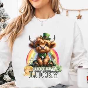 Udderly Lucky St Patrick Highland Cow Sweatshirt, Gold coin Shamrock St Patrick&#39;s Day Bow Sweatshirt, Retro St Patricks Shirt Western tee