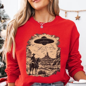 Retro Cowboy UFO Western Aesthetic SweatShirt Vintage Funny Futuristic Cowboy tshirt vintage distressed shirt Wild West Shirt Alien T-shirt