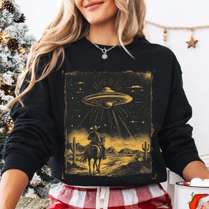Retro Cowboy UFO Western Aesthetic SweatShirt Vintage Funny Futuristic Cowboy tshirt vintage distressed shirt Wild West Shirt Alien T-shirt