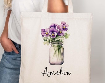 Personalized Birth Flower Tote Bag, Custom Name Canvas Bag, Bridesmaid Gift, Floral Jute Tote, Birthday Gift for Mom Custom Birthday Gift 11