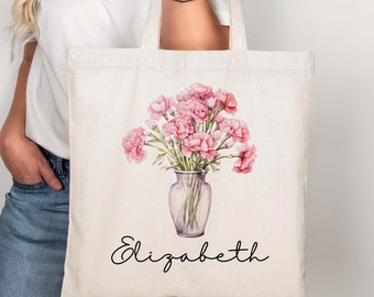 Personalized Birth Flower Tote Bag, Custom Name Canvas Bag, Bridesmaid Gift, Floral Jute Tote, Birthday Gift for Mom Custom Birthday Gift 09