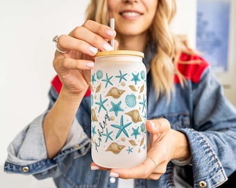 Blue Seashells Glass Tumbler Cup | Cute Beach Theme Iced Coffee Cup | 16 Oz/20  Oz | Summer Ice Coffee Libbey Cup Lid Straw - Etsy