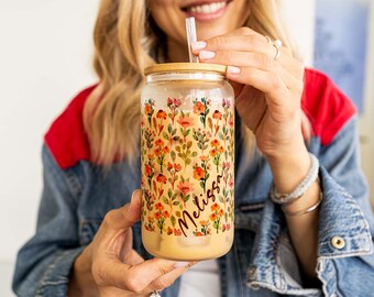 Wildflower Glass Tumbler: 16oz Borosilicate Glass with Bamboo Lid