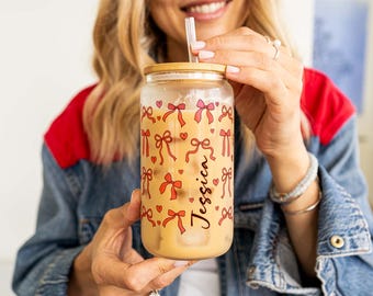 Personalized Pink Bow Glass Tumbler: Cottagecore Iced Coffee Cup