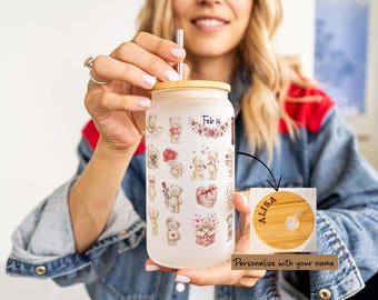 Personalized Glass Tumbler Valentine Day, Personalized Glass Cup with lid straw 16oz Galentines Gift, Cute Valentine Gift Best Friends