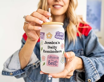 Personalized Affirmations Iced Coffee Cup: Glass Tumbler, Mental Health Gift