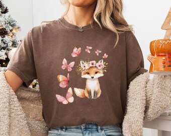 Shirt aquarel vos en vlinder: comfortkleuren dierenshirt