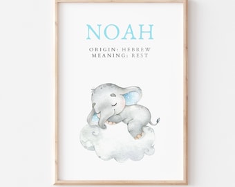 Noah, Name Art Poster, Name Meaning, Boy Gift, Blue Nursery Decor, Instant download, printable