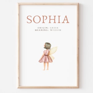 Może przedstawiać: Drukowana grafika artystyczna z akwarelową ilustracją wróżki o brązowych włosach i skrzydłach. Grafika zawiera imię "Sophia" w brązowym kolorze, wraz z pochodzeniem i znaczeniem imienia: "Pochodzenie: Greckie, Znaczenie: Mądrość".