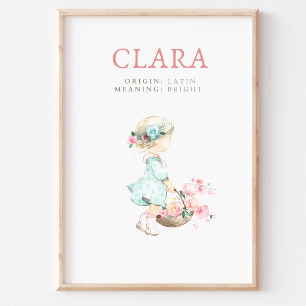 Clara, Name Art Poster, Name Meaning, Girl Gift, Pink Nursery Decor,  Instant download, printable