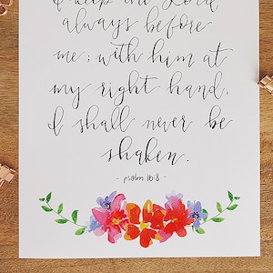 Bible Verse Wall Art, Floral Wall Art, Psalm Art Print, Watercolor Art Print, Floral Bible Verse, Watercolor Scripture Art, Psalm 16:8