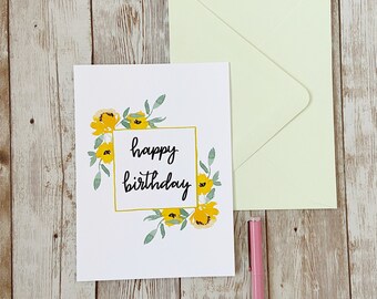 Birthday Card Floral, Birthday Card for Her, Yellow Floral Card, Birthday Card Blank, Watercolor Flowers Birthday Card, Floral Cards