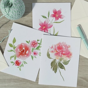 Paquete de tarjetas florales de acuarela, juego de tarjetas en blanco, pintura de flores de acuarela, conjunto de tarjetas de notas dobladas, papelería floral, hecho a mano, tarjetas rosas