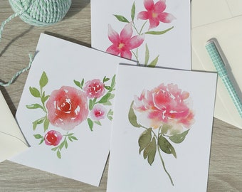 Watercolor Floral Card Pack, Blank Cards Set, Watercolor Flower Painting, Folded Note Cards Set, Floral Stationery, Handmade, Pink Cards