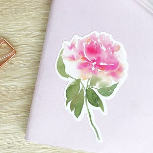 May include: A watercolor sticker of a pink peony flower with green leaves. The sticker is on a light pink background.