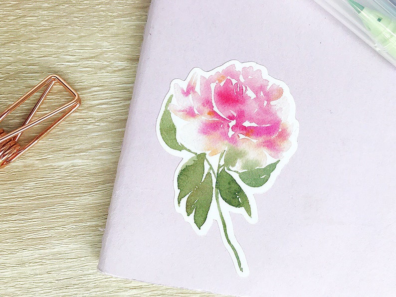May include: A watercolor sticker of a pink peony flower with green leaves. The sticker is on a light pink background.