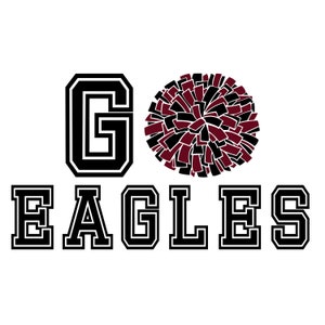 Op de afbeelding: Zwart-witte afbeelding met de tekst "GO EAGLES" in een vet, bloklettertype. Een rode en zwarte pompon bevindt zich in het midden tussen de woorden.