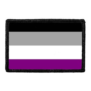 May include: A rectangular embroidered patch featuring the asexual pride flag design, which consists of four horizontal stripes in black, gray, white, and purple. The entire patch is bordered by a thick, black stitched edge for a clean finish.