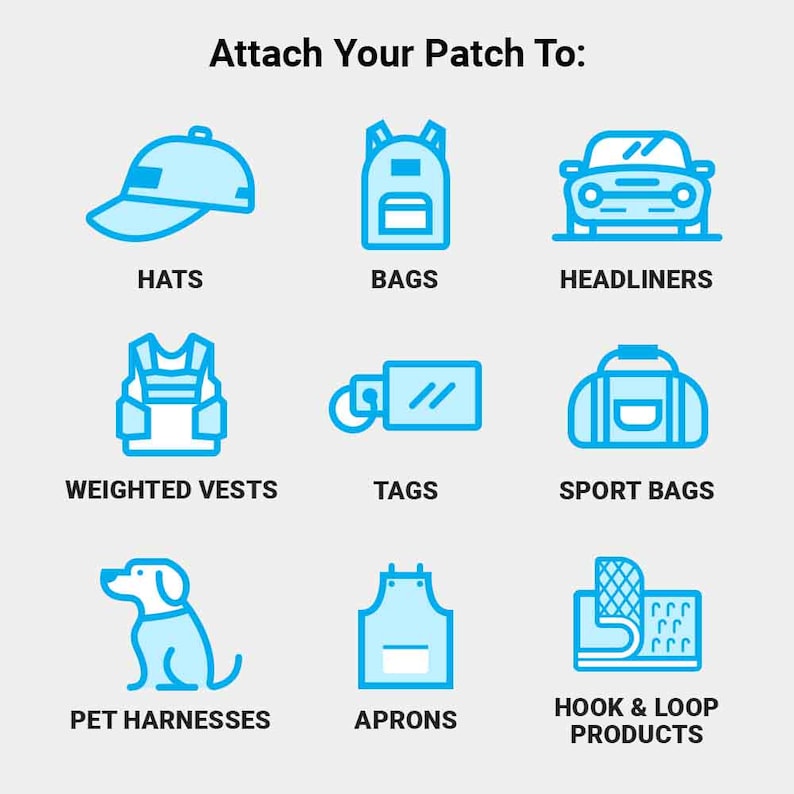 Op de afbeelding: Illustratie met items waarop patches kunnen worden bevestigd. De items zijn onder meer hoeden, tassen, hemelbekledingen, verzwaarde vesten, labels, sporttassen, dierenharnassen, schorten en klittenbandproducten. De tekst "Attach Your Patch To:" staat bovenaan.