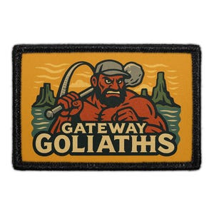 May include: Rectangular patch with a black border featuring a muscular man with a beard and a cap, holding a fishing rod. The text "GATEWAY GOLIATHS" is below the man. The background is yellow with green mountains and water.