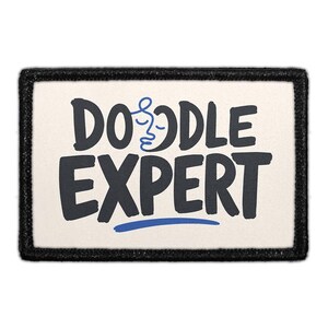 May include: A rectangular patch with a black border and an off-white background. The text DOODLE EXPERT is printed in dark gray, with the letter O replaced by a blue line-art face profile. A blue horizontal line is positioned below the text.