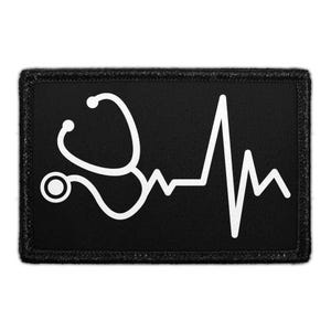 May include: Black rectangular patch featuring a white stethoscope design and a white heartbeat line. The patch has a black border. The design is a medical symbol, suitable for healthcare professionals or medical enthusiasts.