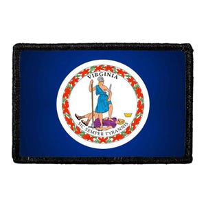 May include: A rectangular patch featuring the blue flag of Virginia with a central white circular seal. The seal depicts a figure in a blue dress holding a spear and sword over a fallen figure, surrounded by red flowers and the text VIRGINIA SIC SEMPER TYRANNIS.