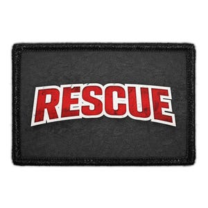 May include: A rectangular black patch with a stitched border featuring the word RESCUE in bold, distressed red capital letters with a white outline. The text is arched across the center of the dark, textured fabric surface.