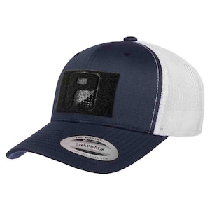 Trucker Curved Bill Snapback Hat by Pull Patch (Navy Blue/White)