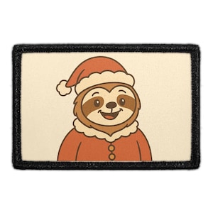May include: A rectangular patch featuring a cartoon sloth wearing a Santa hat and suit. The sloth has brown fur, a smiling face, and is set against a cream background with a black border. The Santa suit is red with three buttons.