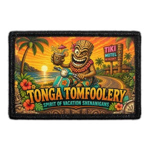 May include: A rectangular embroidered patch featuring a winking tiki character riding a teal scooter. The scene includes a sunset beach, palm trees, and a sign reading TIKI MOTEL NO VACANCY. Text reads TONGA TOMFOOLERY SPIRIT OF VACATION SHENANIGANS.