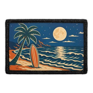 May include: A rectangular patch featuring a nighttime beach scene with a tall palm tree, an orange surfboard standing on the sand, dark blue ocean waves, a large full moon in the sky, and a black stitched border framing the entire illustration.