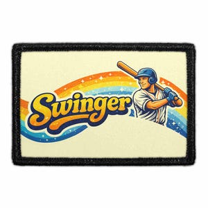May include: A rectangular patch with a black border features a baseball player with a bat, a rainbow, and the word "Swinger" in yellow and blue. The player is wearing a blue helmet and uniform.