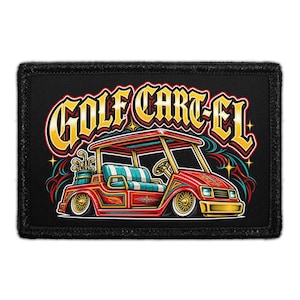 May include: A rectangular patch with a black border featuring a stylized golf cart design. The golf cart is red with gold accents, blue and white striped seats, and the text "GOLF CART-EL" in yellow and red.
