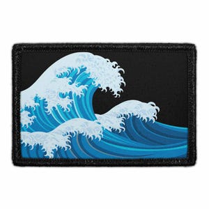 May include: A rectangular patch featuring a stylized graphic of a large ocean wave with white foam crests against a solid black background. The wave is rendered in shades of blue, with intricate white detailing on the curling water.