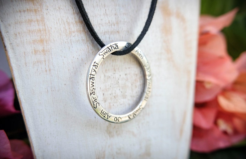 Ethical Fair Trade Jewelry Meditation Gift Bali Om SARASWATI Mantra Mandala Necklace Silver Silver Yoga Gift for Yoga Lovers