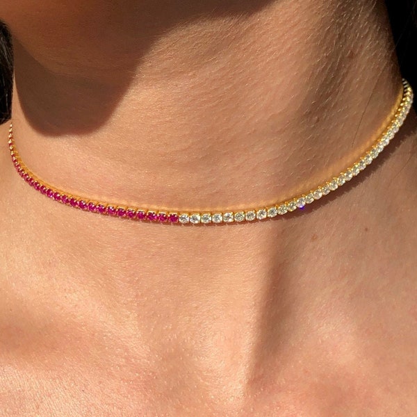 LIV 18k Yellow Gold Sterling Silver Pink & White Sapphire Thin Choker Tennis Necklace 14"-16" L