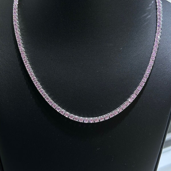 LIV Platinum Sterling Silver Prong Set Pink Sapphire Classic Layered Tennis Necklace 16" Length