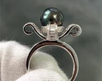 LIV 18k White Gold Genuine Diamonds & Black Tahitian Pearl 9mm Cocktail Ring