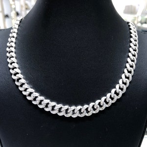 LIV Platinum Sterling Silver Pave Set White Sapphire Cuban Link Wide Tennis Necklace 16" L