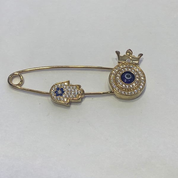 LIV Baby 18k Yellow Gold over Sterling Silver Evil Eye Protection Hamsa/ Hand of God & Crown Baby Pin