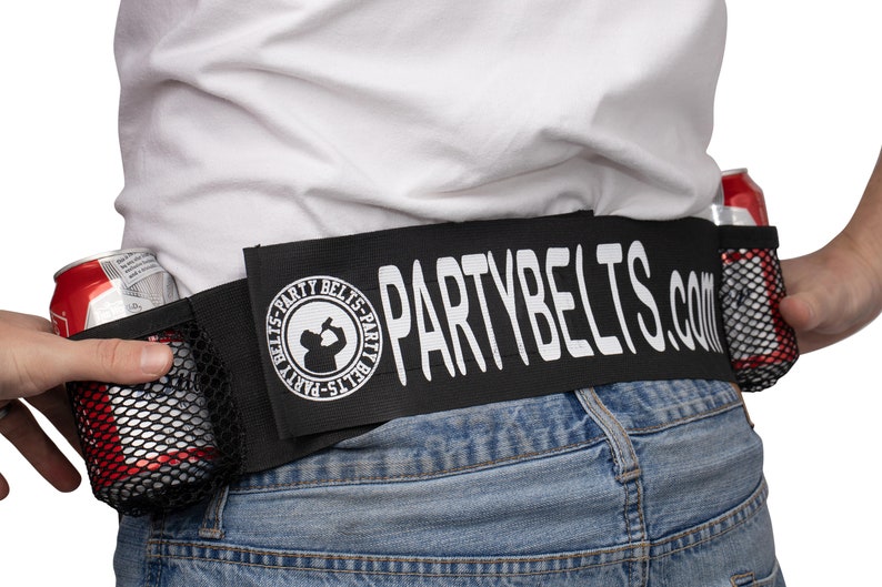 May include: A black fabric belt with two mesh pockets for holding cans. The belt has the text "PARTYBELTS.com" printed in white on it. The belt is worn around the waist of a person.