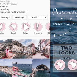 196 Country Outline Maps - Instagram Story Icons - White Icon with Black Outline on Pink Background | Highlights | Travel Theme |
