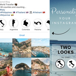 May include: A collage of images featuring a travel blog with a world map and flags of different countries. The blog is titled "World Traveller" and the text "30 counties and counting..." is displayed. The blog also includes hashtags for different countries, including #Italy, #Philippines, #Thailand, #Vietnam, and #Myanmar. The collage also includes a grid of photos of a coastal town with colourful buildings and boats in the water. The text "Personalize Your Instagram!" is displayed on a blue background with a white arrow pointing to the left. The text "Two Looks In One!" is displayed on a blue background with two black and white icons of Italy.