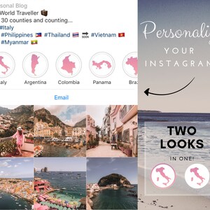 196 Country Outline Maps - Instagram Story Icons - Pink Gradient  | Highlights | Travel Theme |