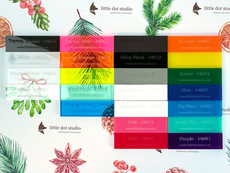 May include: A collection of 16 acrylic sheets in various colors, including translucent smoke, milky, frosted clear, green, blue, sky blue, aqua blue, purple, pink, red, orange, yellow, and black. Each sheet has a label with the color name and a unique code number.
