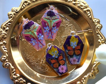 Handmade Unique Small butterfly/moth coffin / 2 colors available  /hooks and hoops/ gold or silver