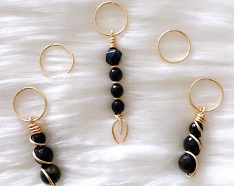 5 Piece Black Agate & Onyx Hair Ring Set | Witchy Things, Dreadlock Rings, Hair Braid Jewelry, Boho Hair Accessories, Loc Jewels